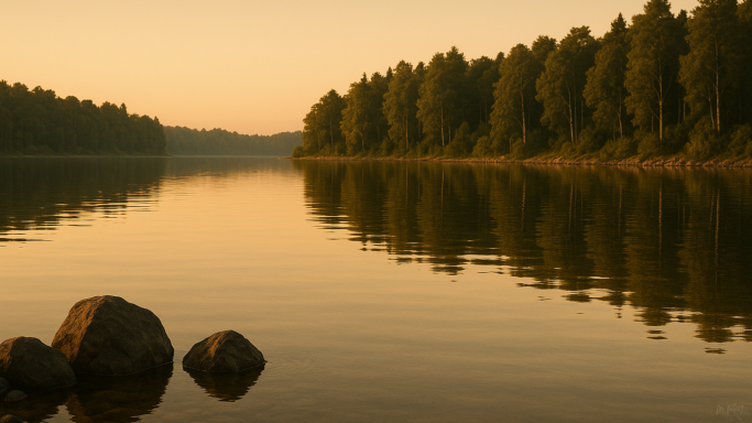 Ruhiger See mit spiegelndem Wasser und bewaldetem Ufer bei Sonnenuntergang.
