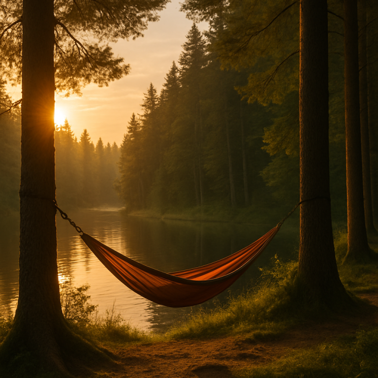 Hängematte zwischen Bäumen am Ufer eines ruhigen Sees bei Sonnenuntergang.