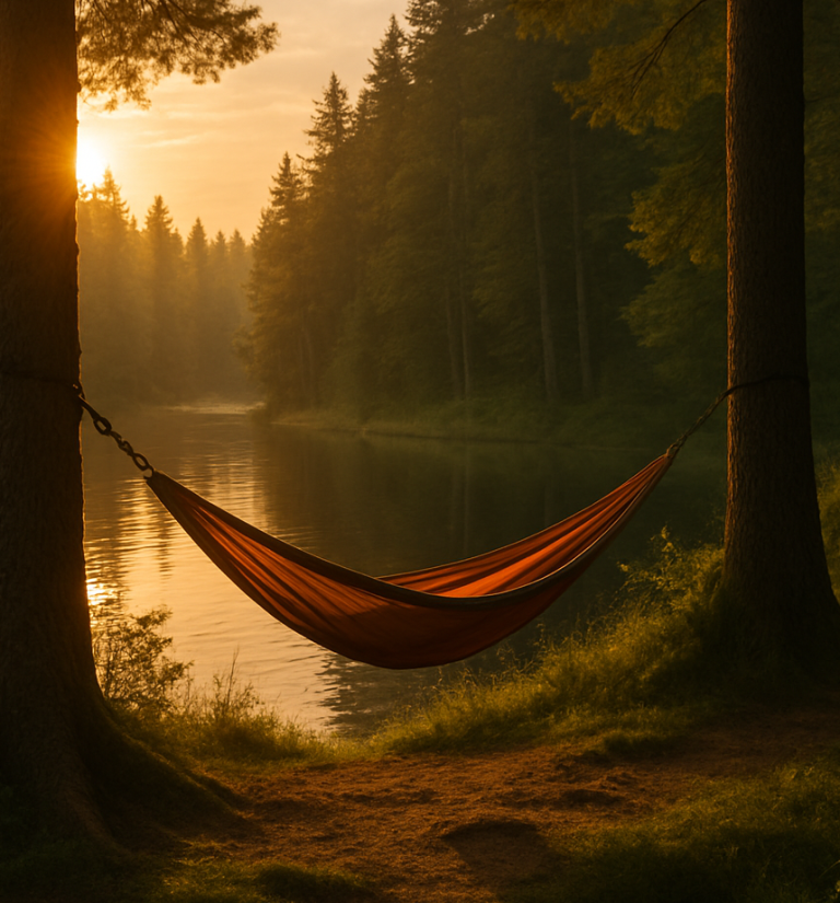 Hängematte zwischen Bäumen am Ufer eines ruhigen Sees bei Sonnenuntergang.
