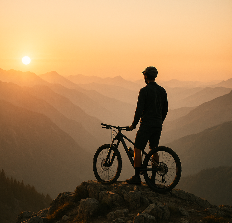 Radfahrer steht auf einem Felsen und blickt auf eine bergige Landschaft bei Sonnenuntergang.