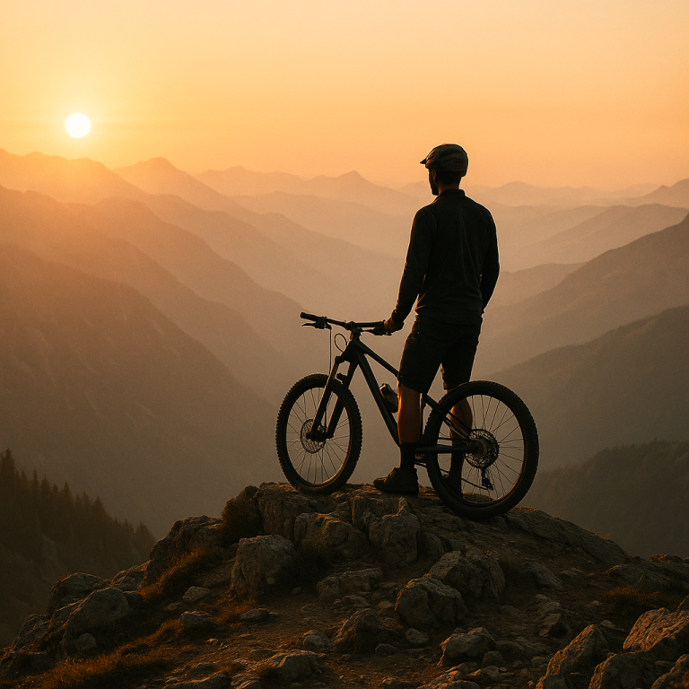 MTB-Fahrer steht auf einem Felsen mit Blick auf die Berge bei Sonnenuntergang.