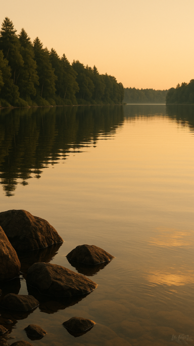 Sonnenuntergang über einem ruhigen See, umgeben von Bäumen und Felsen.
