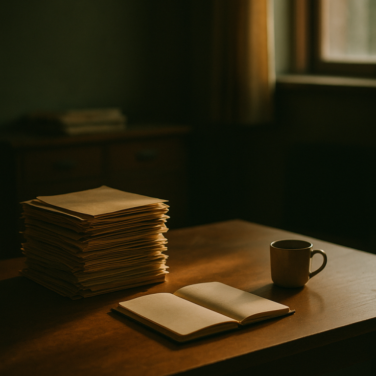 Ein offenes Buch neben einem Stapel beiger Papiere und einer Tasse auf einem Holztisch.