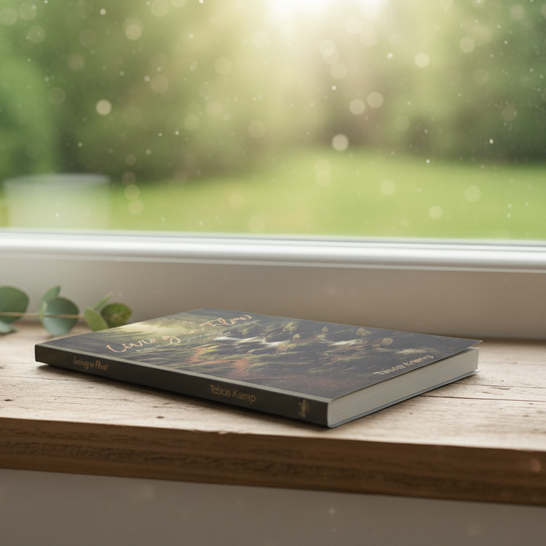 Buch „Living in Flow“ mit einem Wasserlauf und einem Stift auf einem Holztisch.