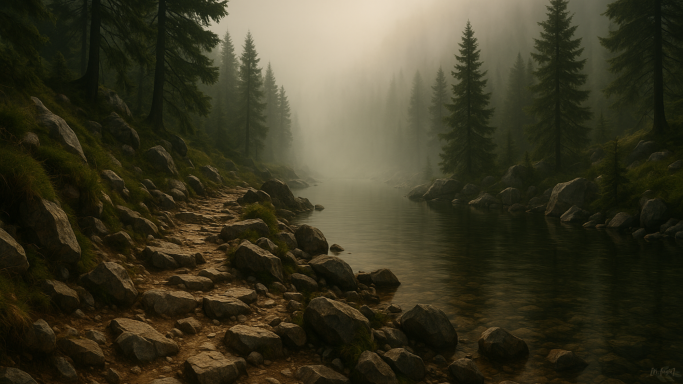 Ein nebliger Waldweg entlang eines stillen Gewässers, umgeben von hohen Bäumen.