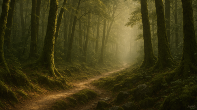 Dichter, nebliger Waldweg zwischen hohen Bäumen mit moosbedecktem Boden.
