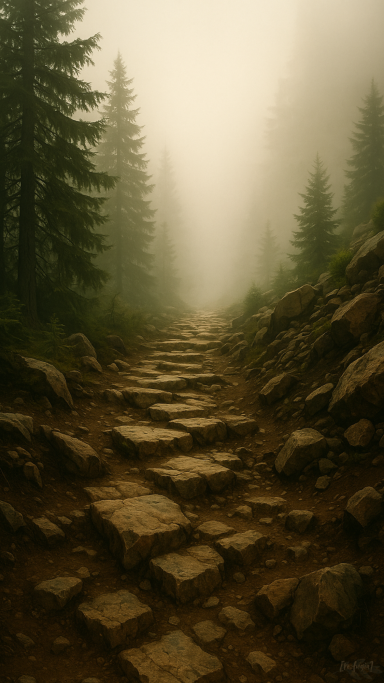 Mooriger Pfad zwischen Bäumen, umgeben von dichter Nebel.