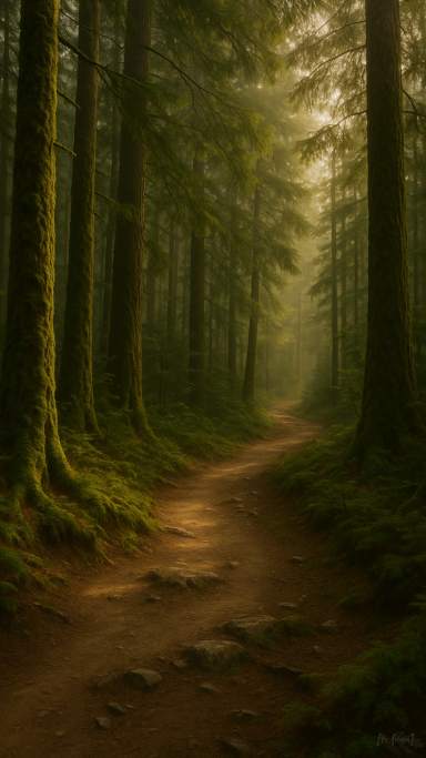 Ein schmaler Pfad führt durch einen dichten, nebligen Wald mit moosbedeckten Bäumen.